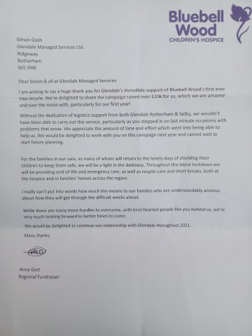 Thank You letter from Bluebell Wood Children's Hospice